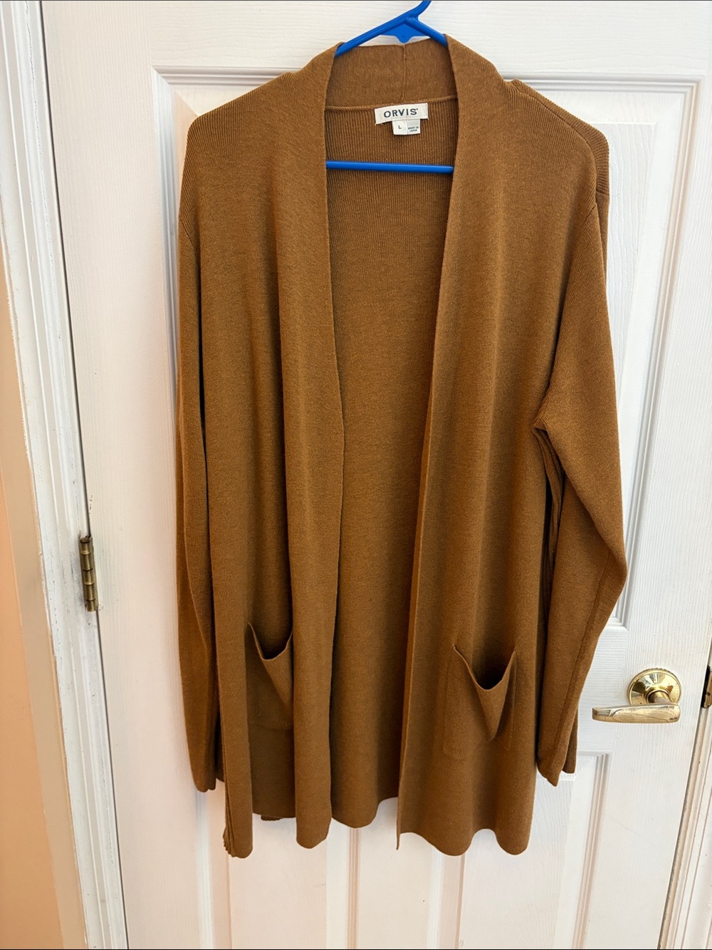 Orvis Women's large Open-Front long Cardigan in Camel Brown like new!